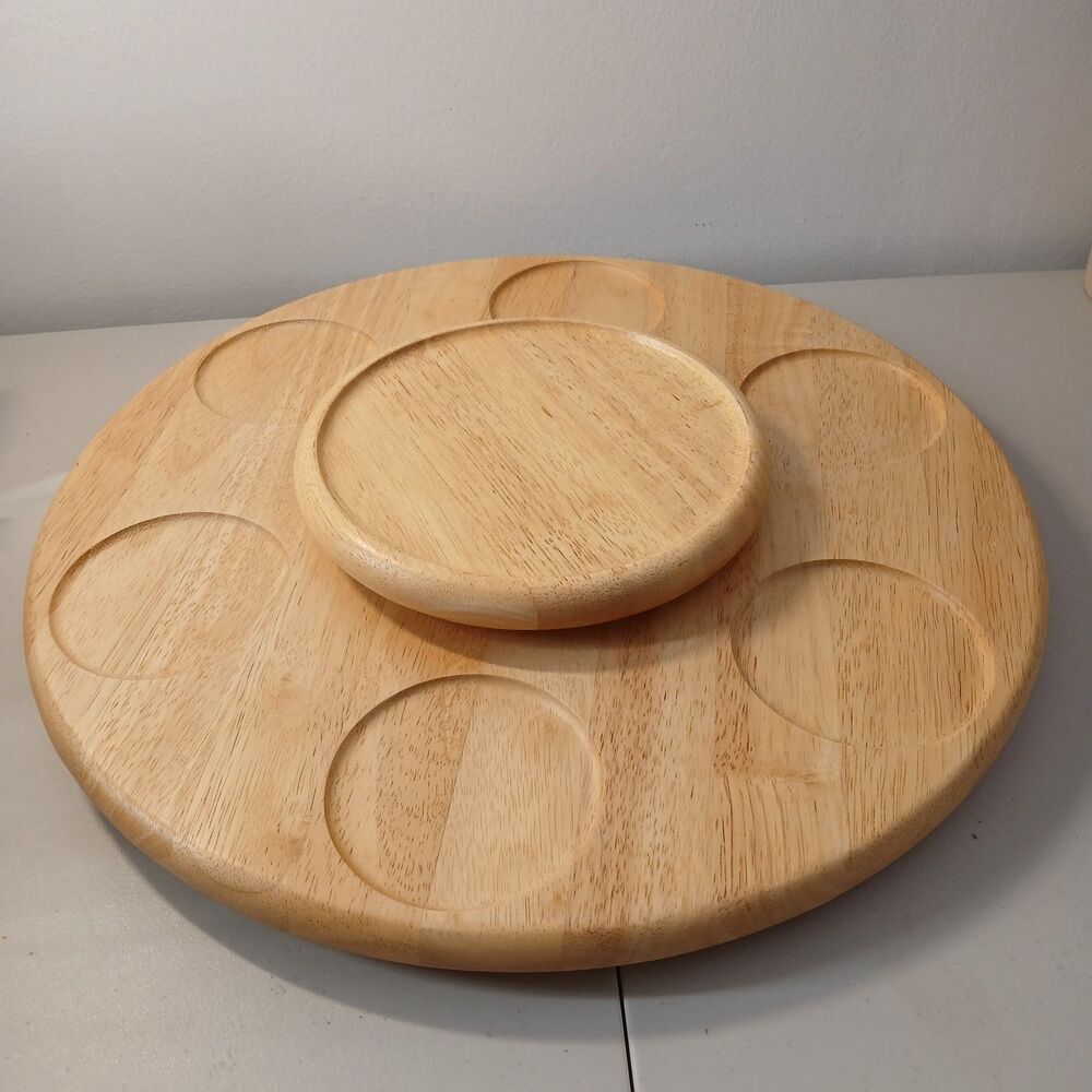 Large Vintage Hardwood Oak LAZY SUSAN Divided Platter Kitchen Organizer 18”